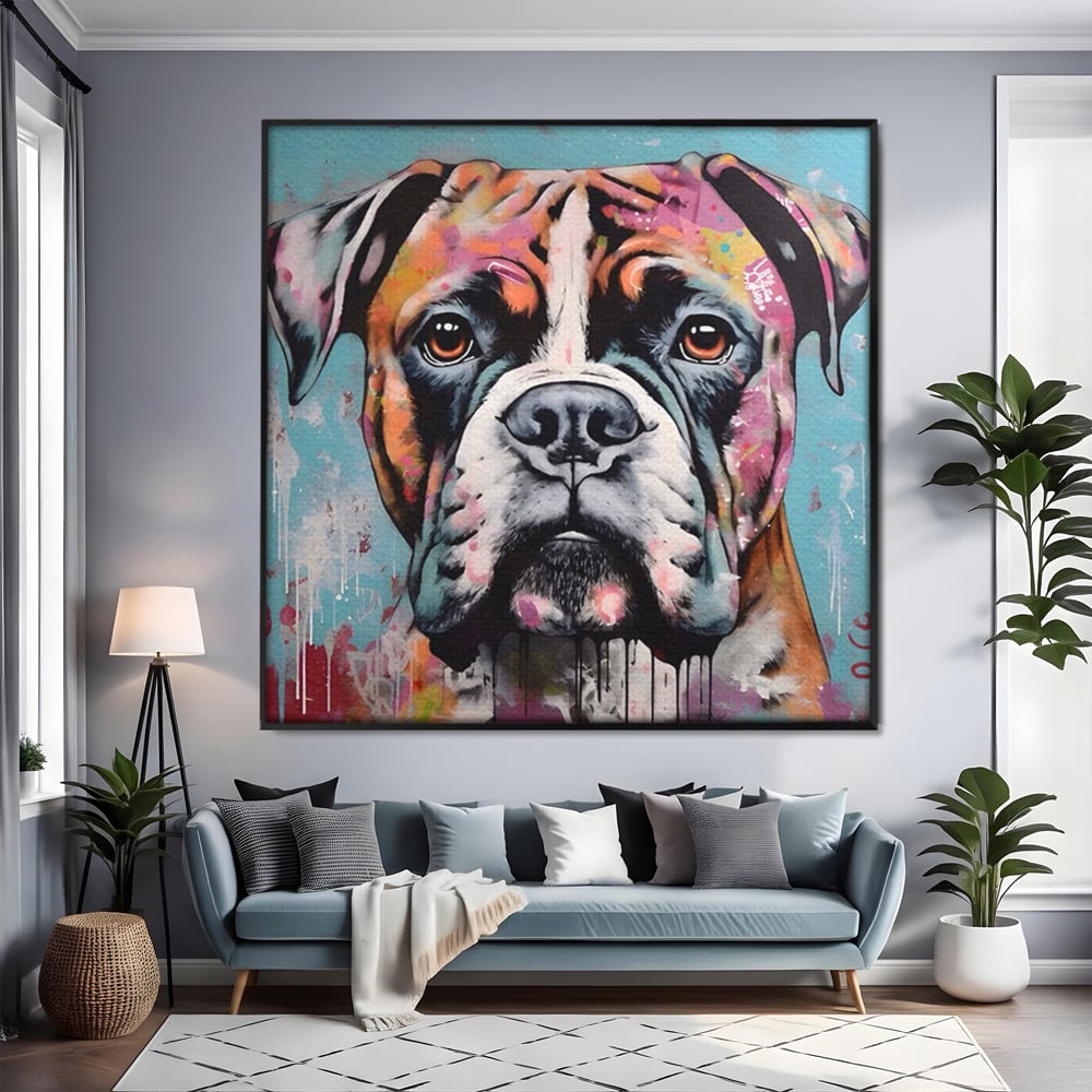 Tablou canvas cu tablou canvas cu cap de boxer, in rama de aluminiu negru, pe perete intr-un living